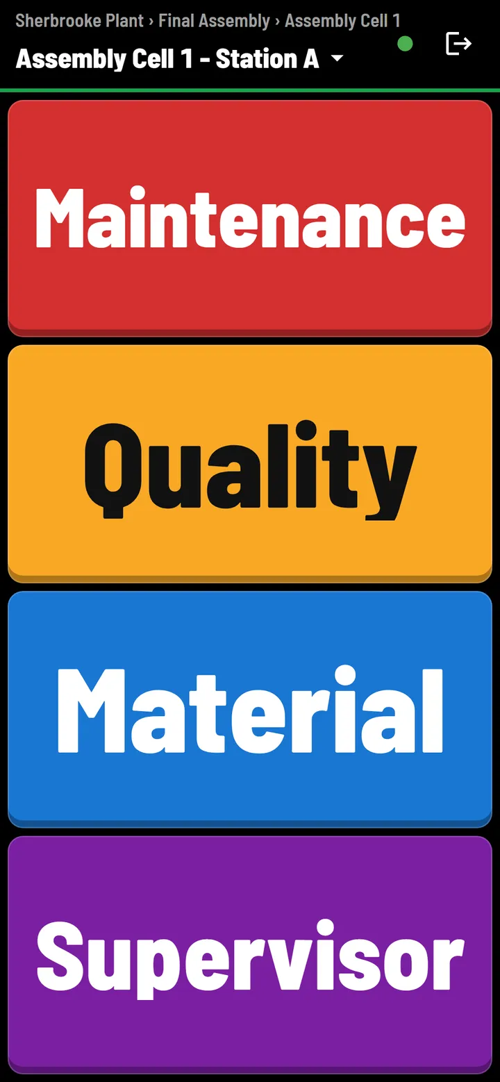 Phone remote showing four large call buttons: Maintenance, Quality, Material and Supervisor