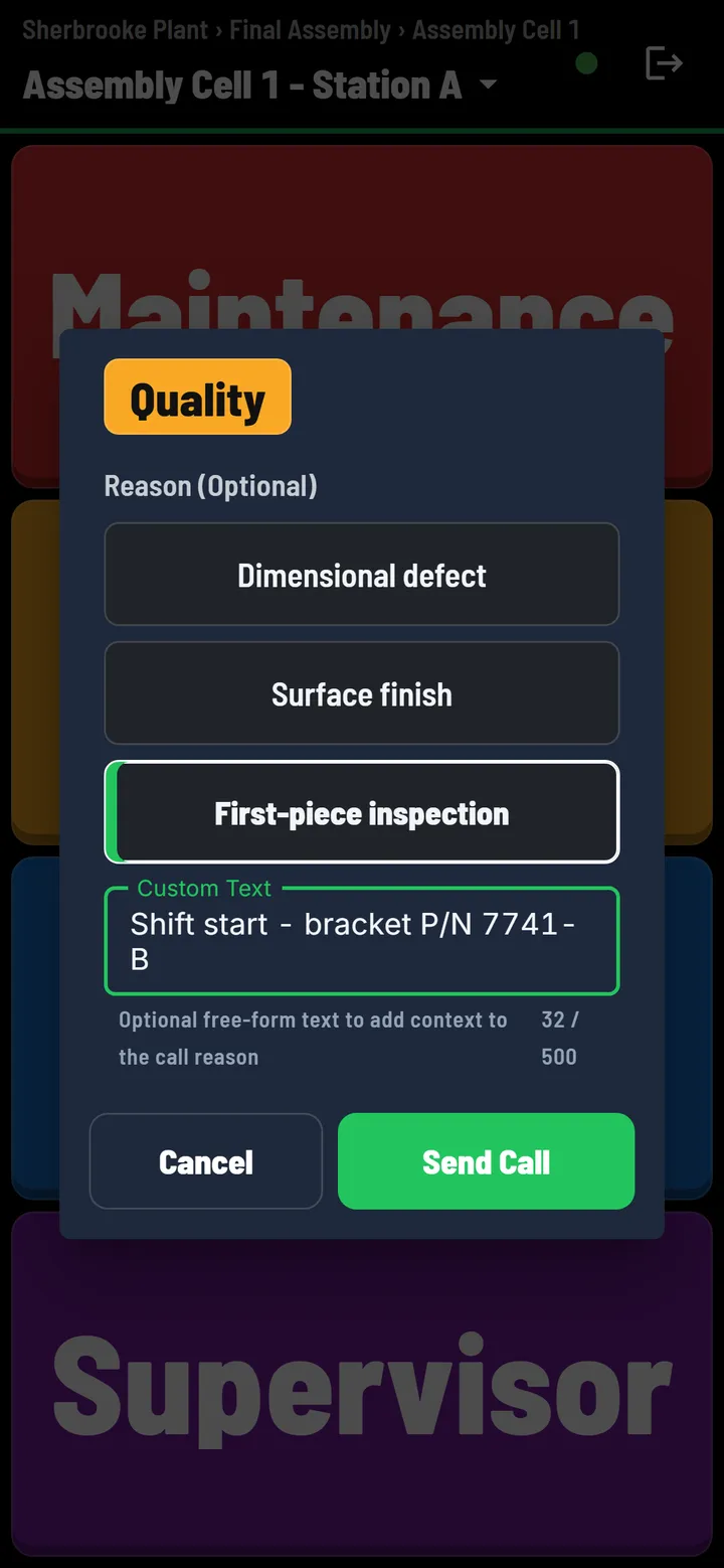 Phone remote asking for a Quality reason, with First-piece inspection selected and a note added