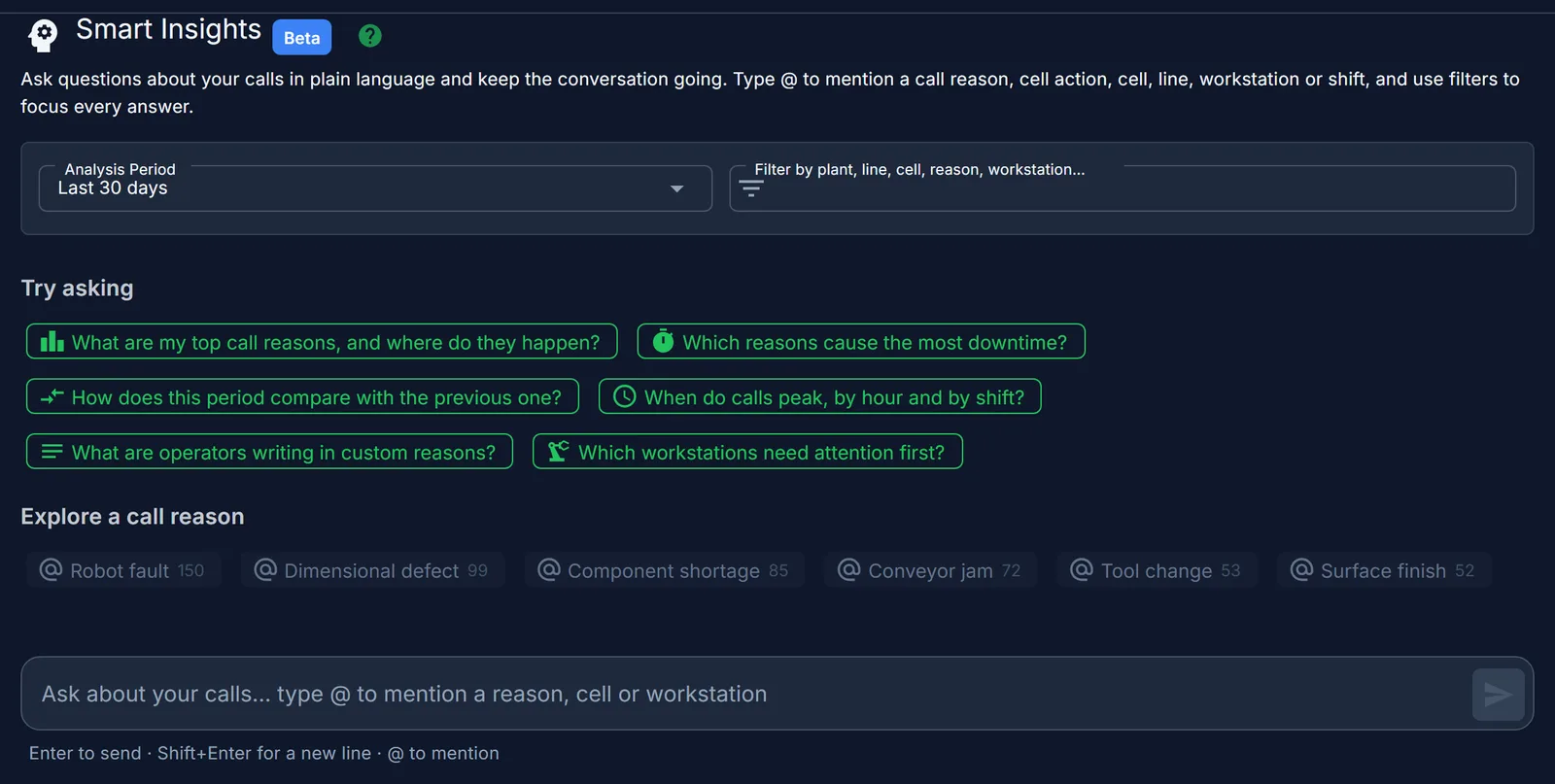 Smart Insights screen with suggested questions and the most frequent call reasons