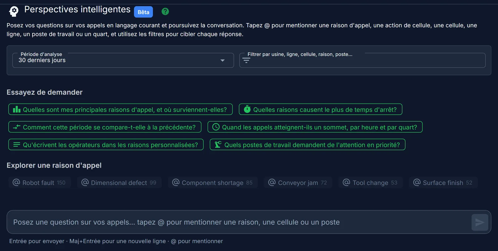 Écran Perspectives intelligentes avec des questions suggérées et les raisons d'appel les plus fréquentes